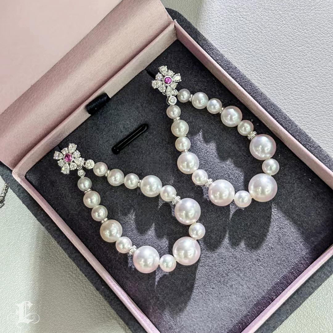 【Crown Radiance】Bloom Loop Aurora Akoya Pearl Diamond Sapphire Drop Earrings For Sale 1