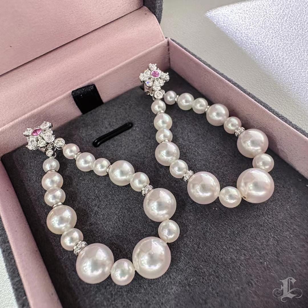 【Crown Radiance】Bloom Loop Aurora Akoya Pearl Diamond Sapphire Drop Earrings For Sale 2
