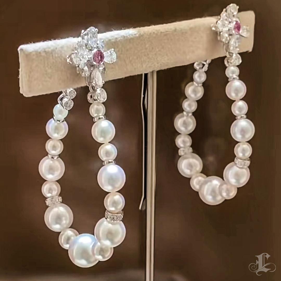 【Crown Radiance】Bloom Loop Aurora Akoya Pearl Diamond Sapphire Drop Earrings For Sale 3