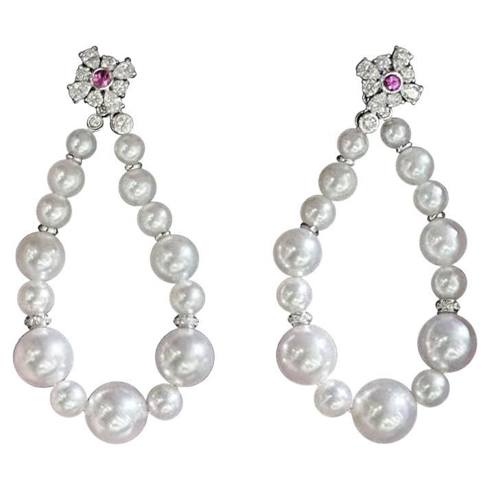 【Crown Radiance】Bloom Loop Aurora Akoya Pearl Diamond Sapphire Drop Earrings For Sale