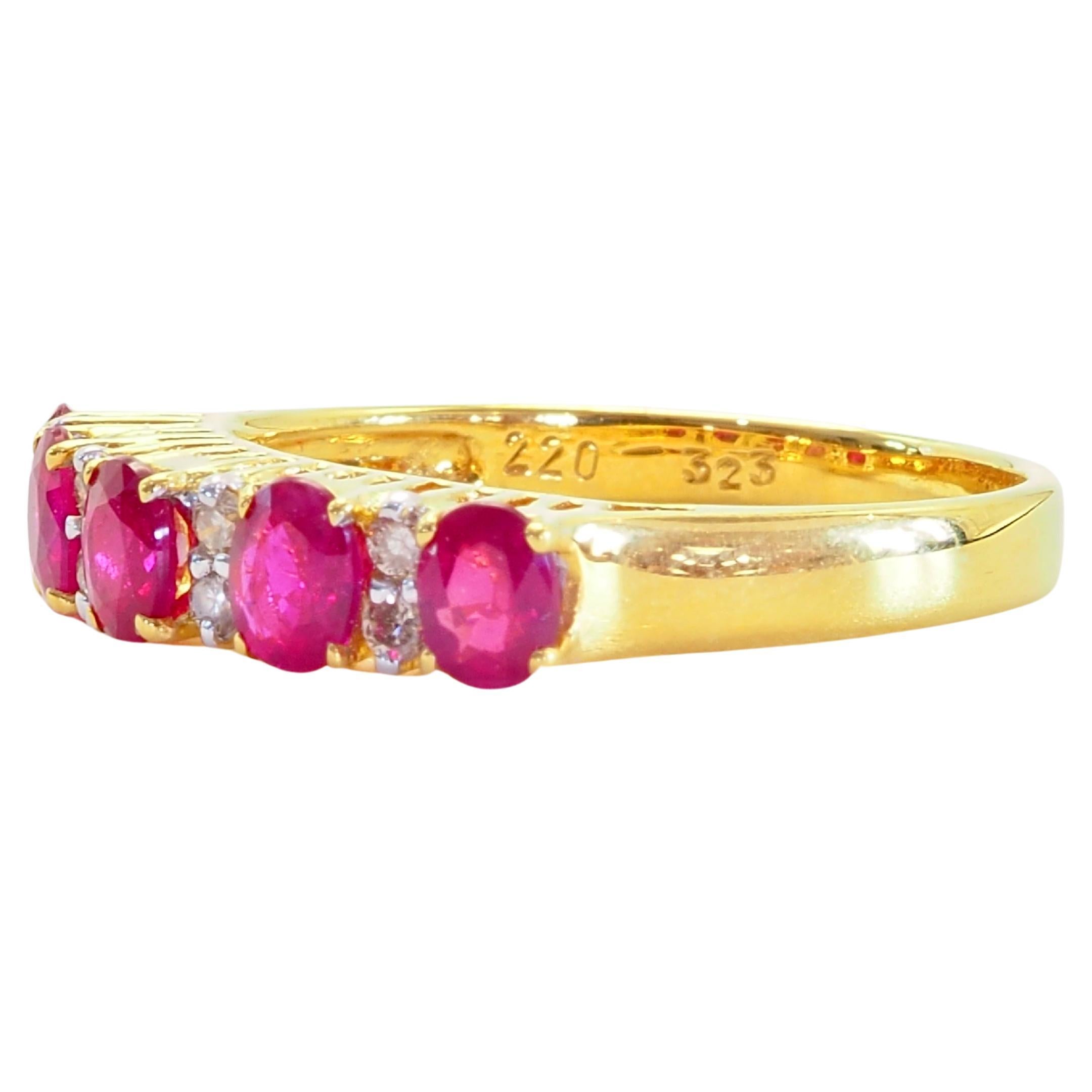 Vintage band ring with 5 oval Thai rubies of good clarity and matching color enhanced by eight round cut diamonds in between. It is a perfect ring for wearing every day.

Never owned- old stock and accepts offer.

Product Details:

Metal: 18k Solid