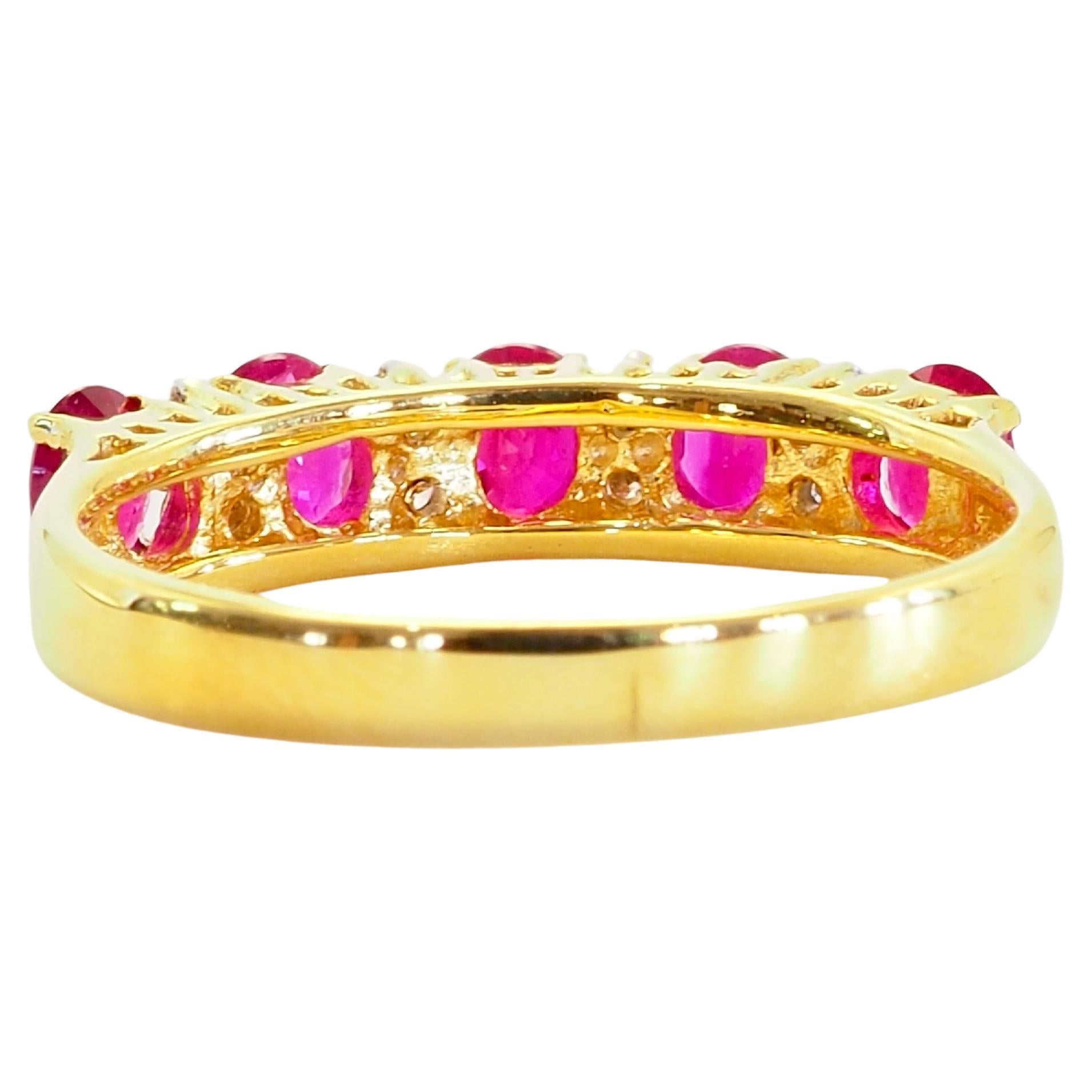 Oval Cut 18K Gold 1.09ct Five Oval Rubies & 0.12ct Diamond Band Ring For Sale