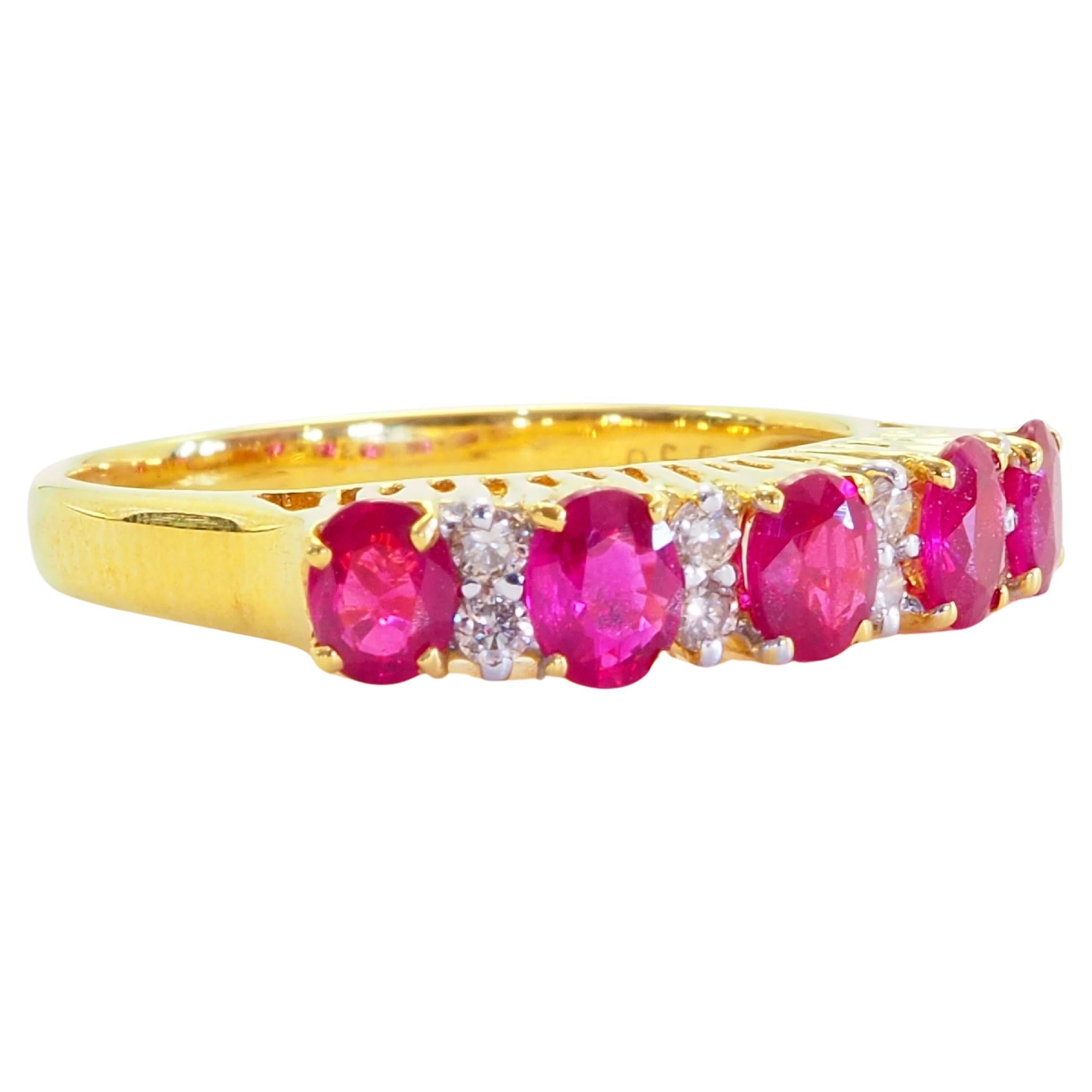 18K Gold 1.09ct Five Oval Rubies & 0.12ct Diamond Band Ring In New Condition For Sale In เกาะสมุย, TH
