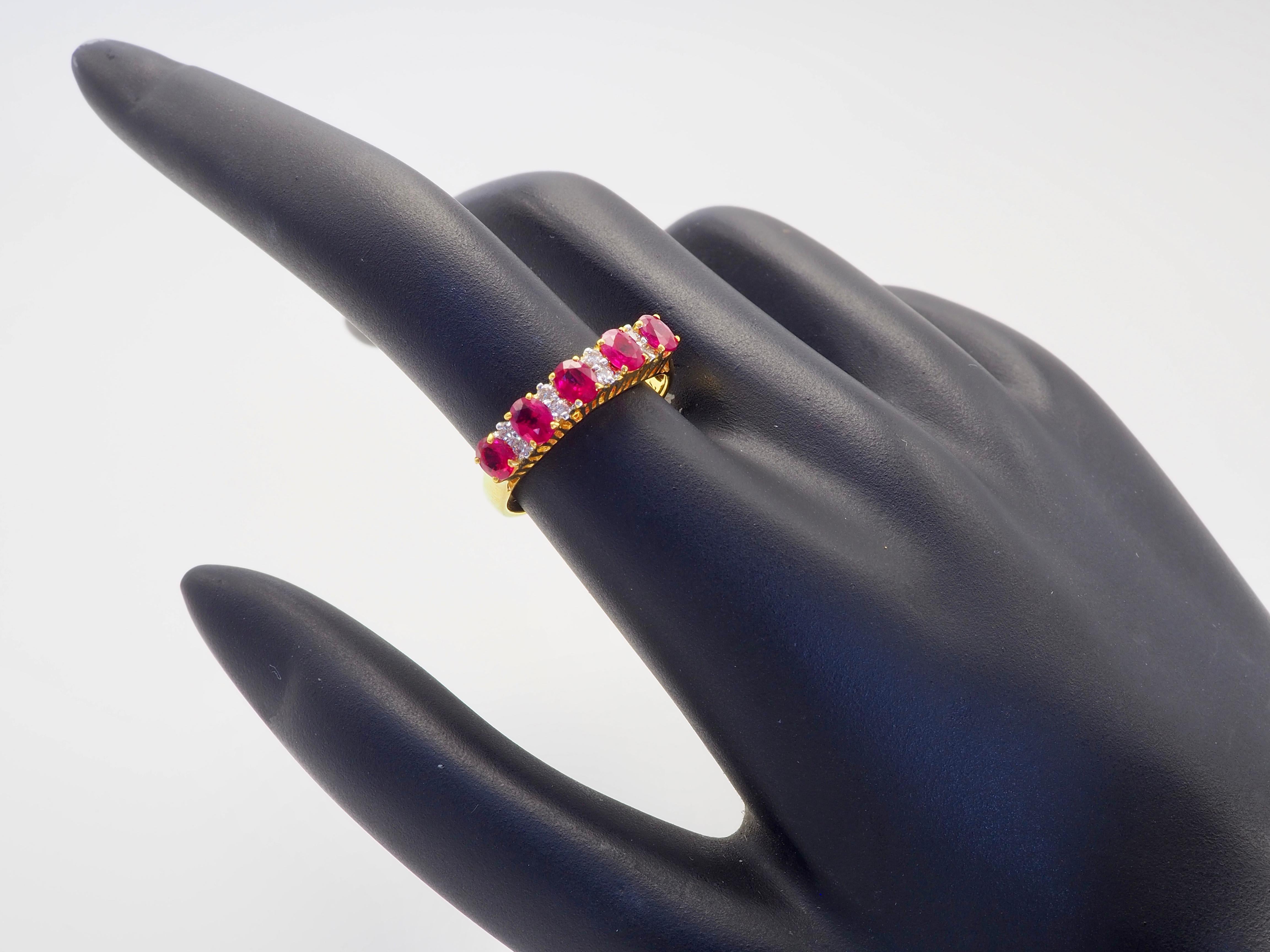 18K Gold 1.09ct Five Oval Rubies & 0.12ct Diamond Band Ring For Sale 2
