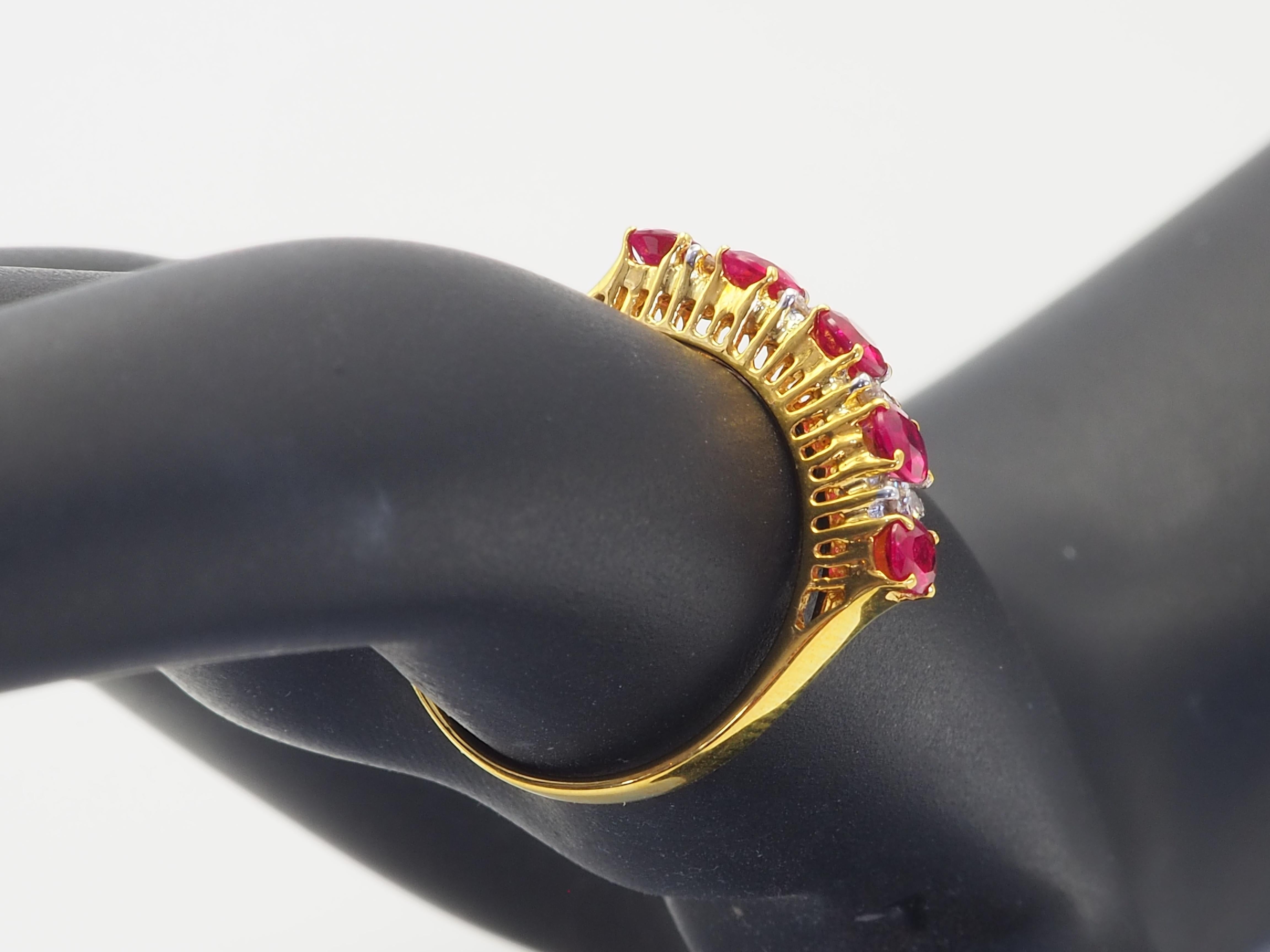 18K Gold 1.09ct Five Oval Rubies & 0.12ct Diamond Band Ring For Sale 4