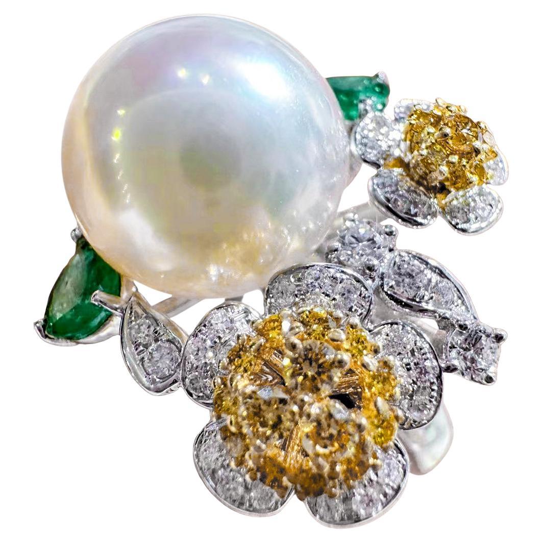【Vine Symphony】Botanic Muse Aurora South Sea Pearl Emerald Diamond Ring