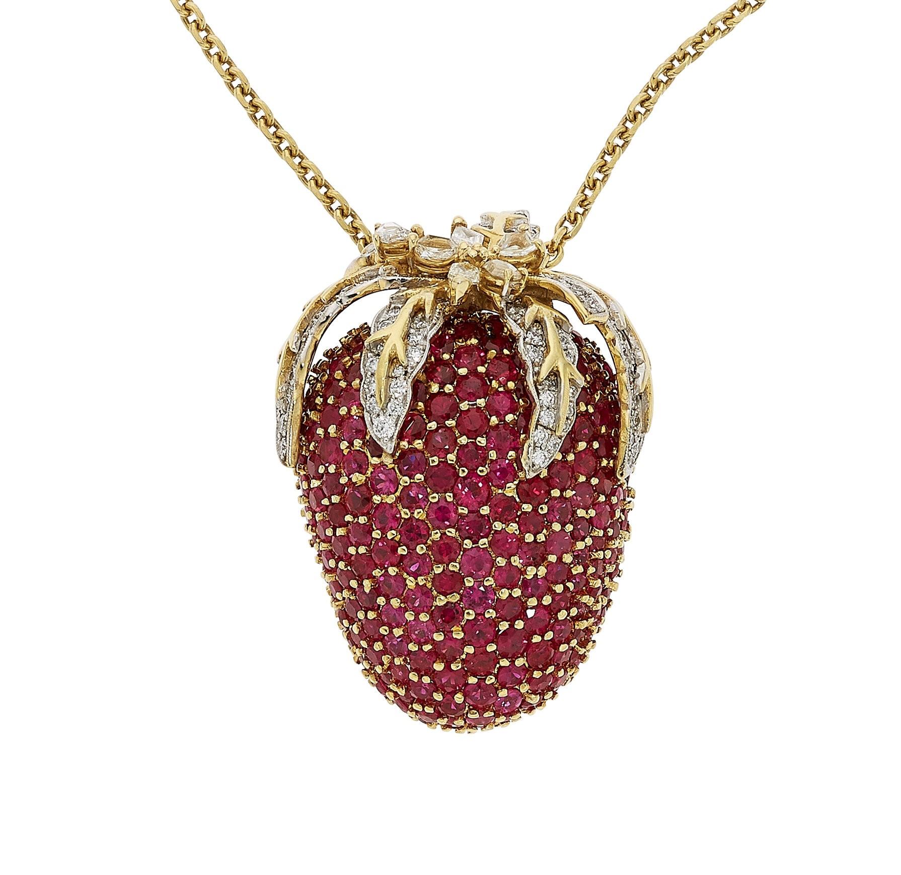 Round Cut 18k Gold & 10ct Ruby Strawberry Pendant/Brooch w/ Diamond Accents on 18