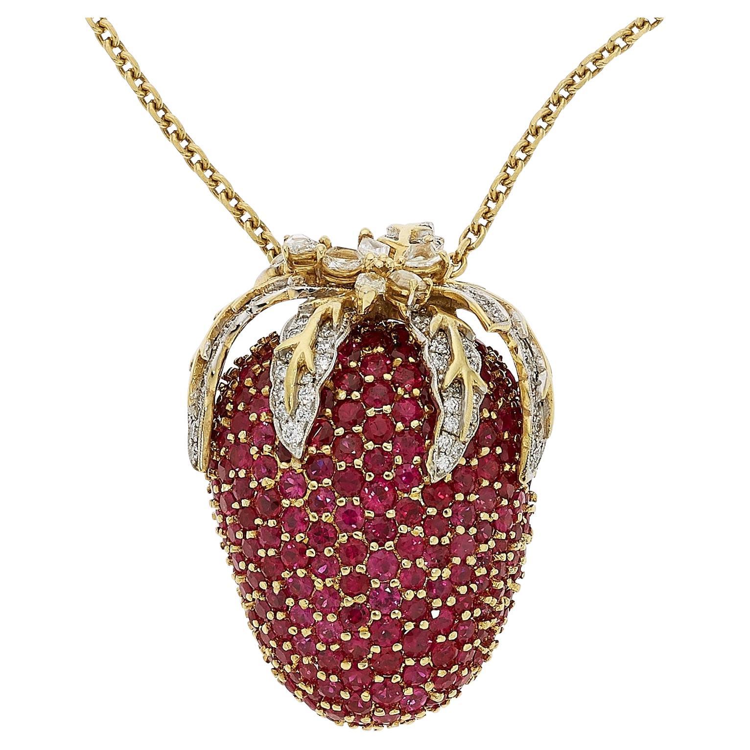 18k Gold & 10ct Ruby Strawberry Pendant/Brooch w/ Diamond Accents on 18" Chain