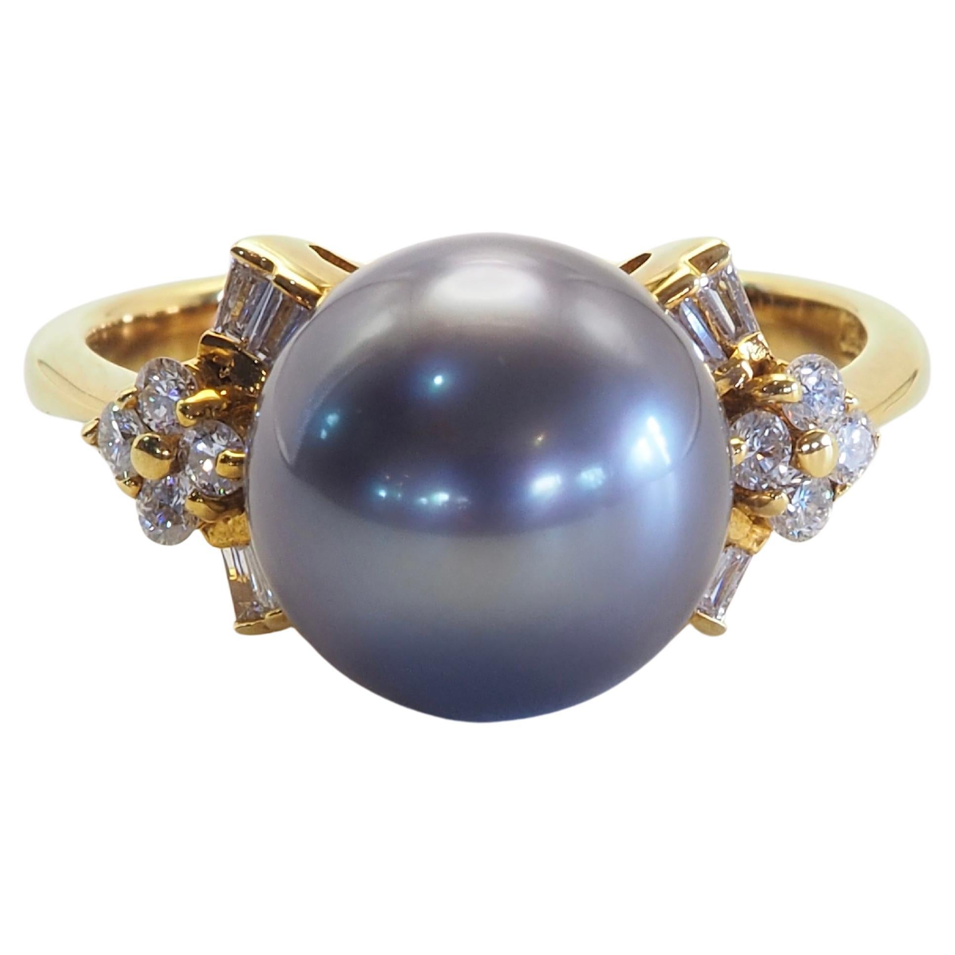 Anillo de cóctel de oro de 18 quilates con perla de Tahití de 10 mm y diamantes de 0,25 ct