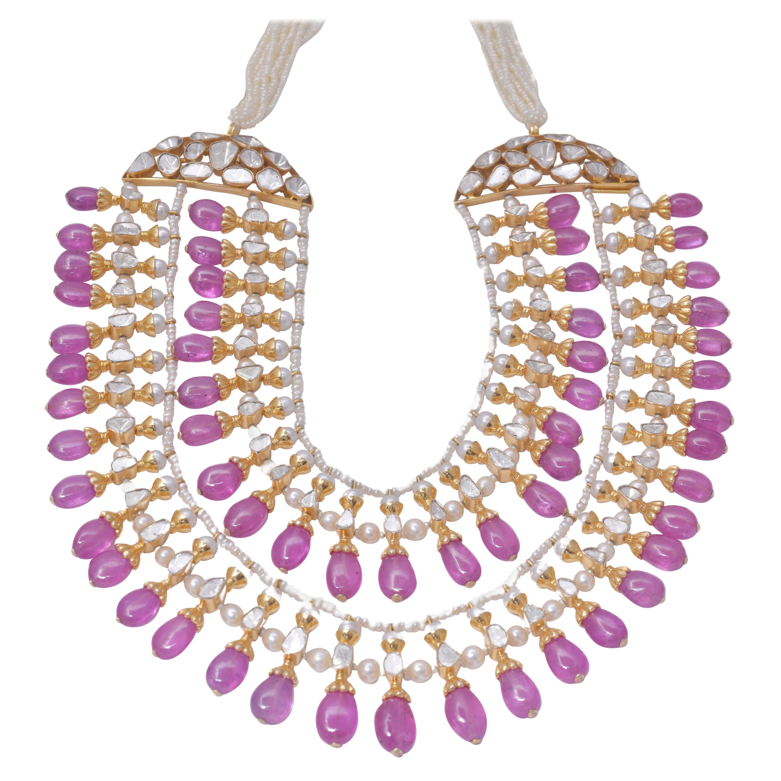 Collier en or 18k 11.05cts Pink Diamond & saphir rose & perle en vente