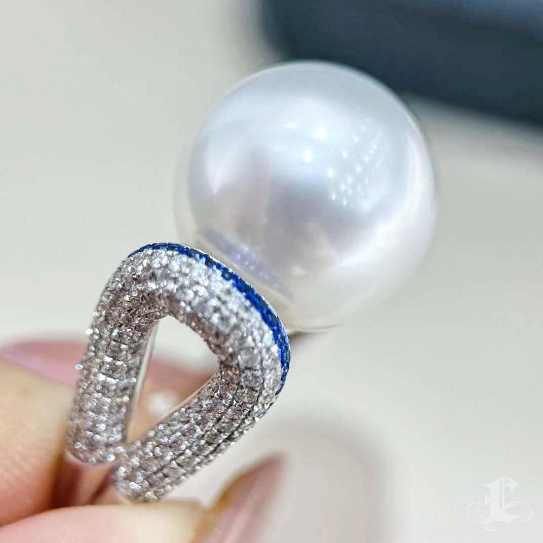 【 Sculpted Geometry】Blue Orbit South Sea Pearl Diamond Sapphire Cocktail Ring For Sale 1