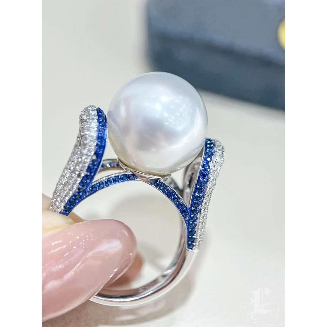 【 Sculpted Geometry】Blue Orbit South Sea Pearl Diamond Sapphire Cocktail Ring For Sale 2