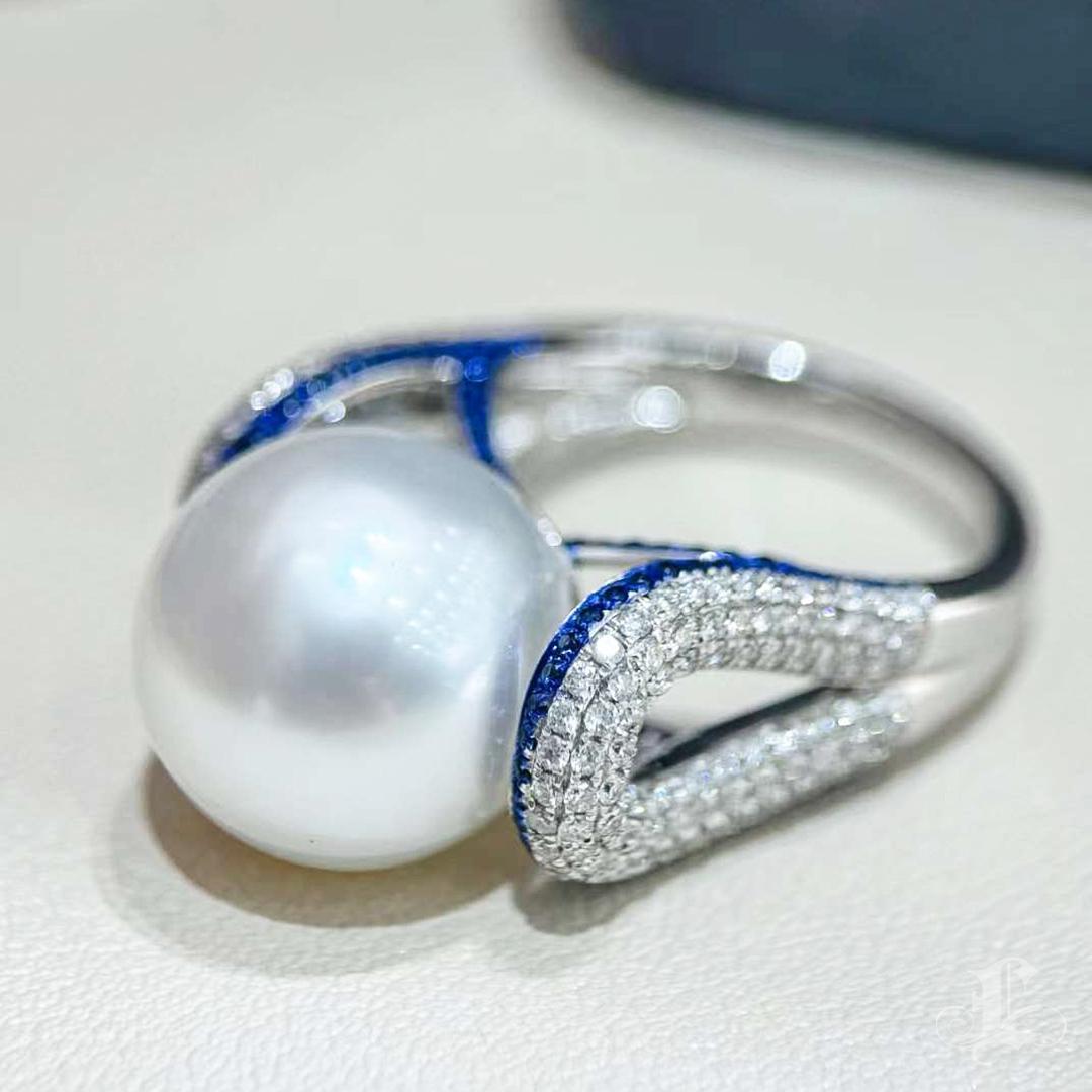 【 Sculpted Geometry】Blue Orbit South Sea Pearl Diamond Sapphire Cocktail Ring For Sale 3