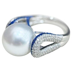 【 Sculpted Geometry】Blue Orbit South Sea Pearl Diamond Sapphire Cocktail Ring