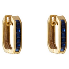 Vintage 18k Gold 1.10 Carat Square Blue Sapphire Geometric Square Hoop Earrings