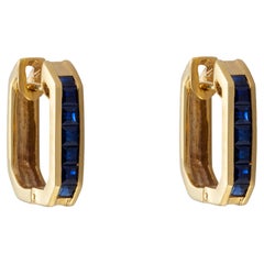 18k Gold 1.10 Carat Square Blue Sapphire Geometric Square Hoop Earrings