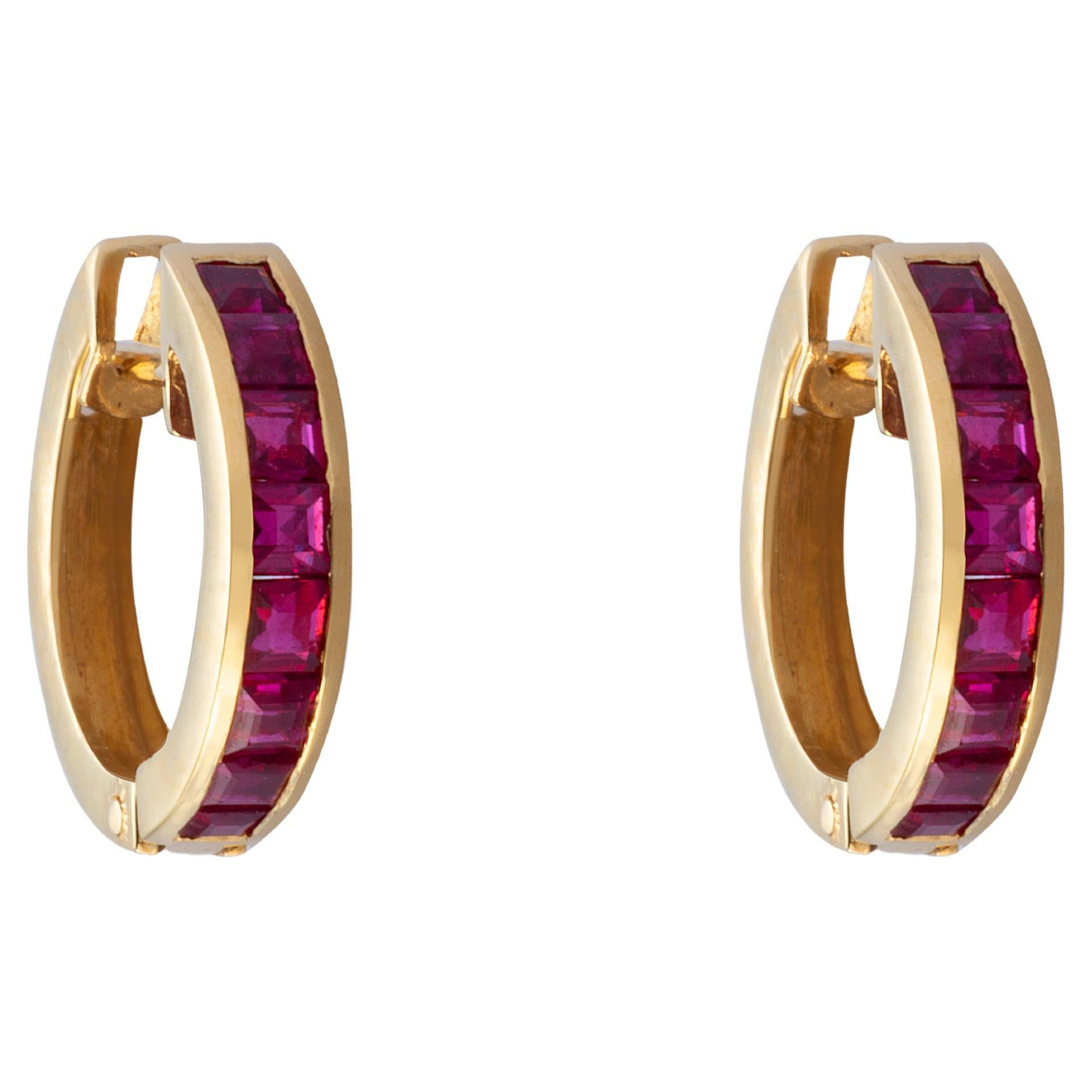 18K Gold 1.10ct Squared Cut Bright Red Ruby Hoop Earring at 1stDibs