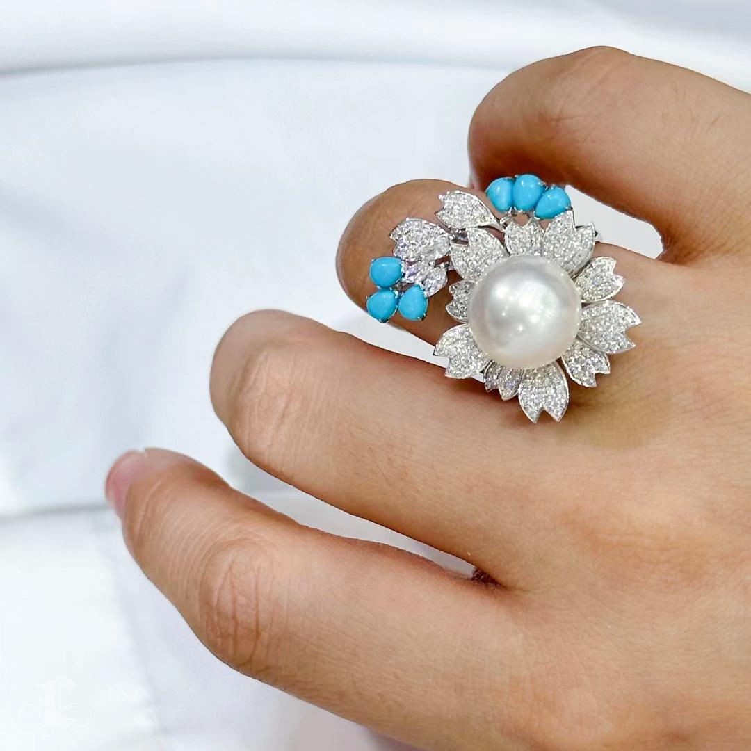 Uncut 【Vine Symphony】Blossom Wreath South Sea Pearl Turquoise Diamond Ring For Sale
