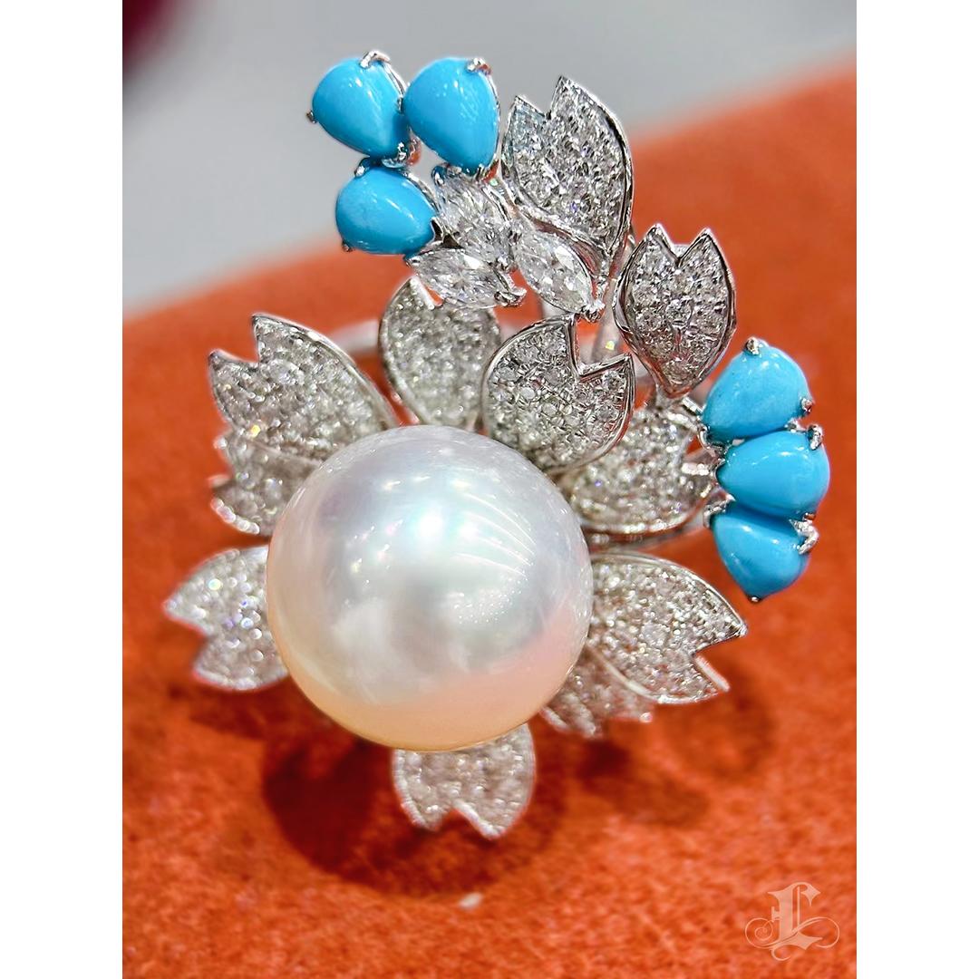 Women's 【Vine Symphony】Blossom Wreath South Sea Pearl Turquoise Diamond Ring For Sale
