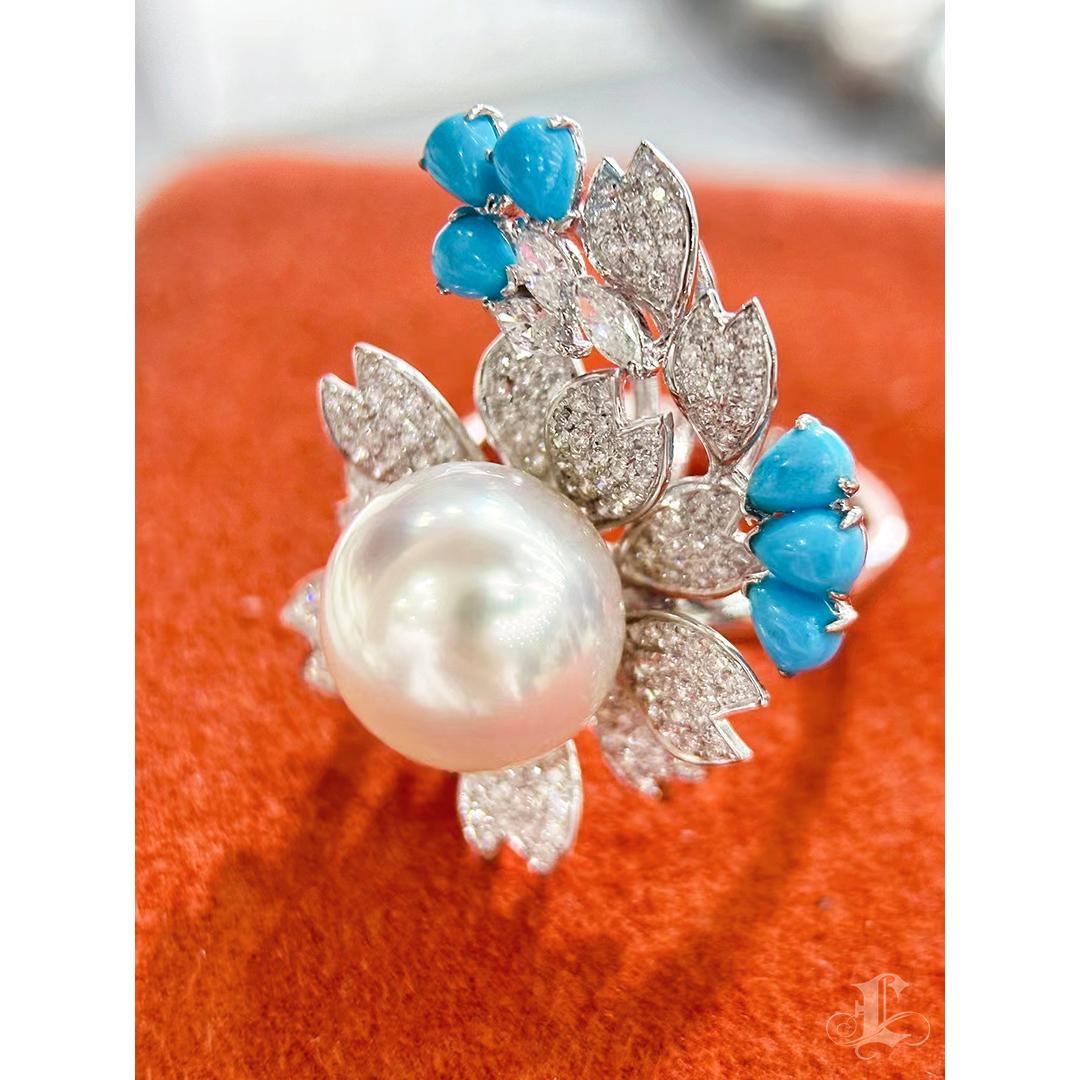 【Vine Symphony】Blossom Wreath South Sea Pearl Turquoise Diamond Ring For Sale 1