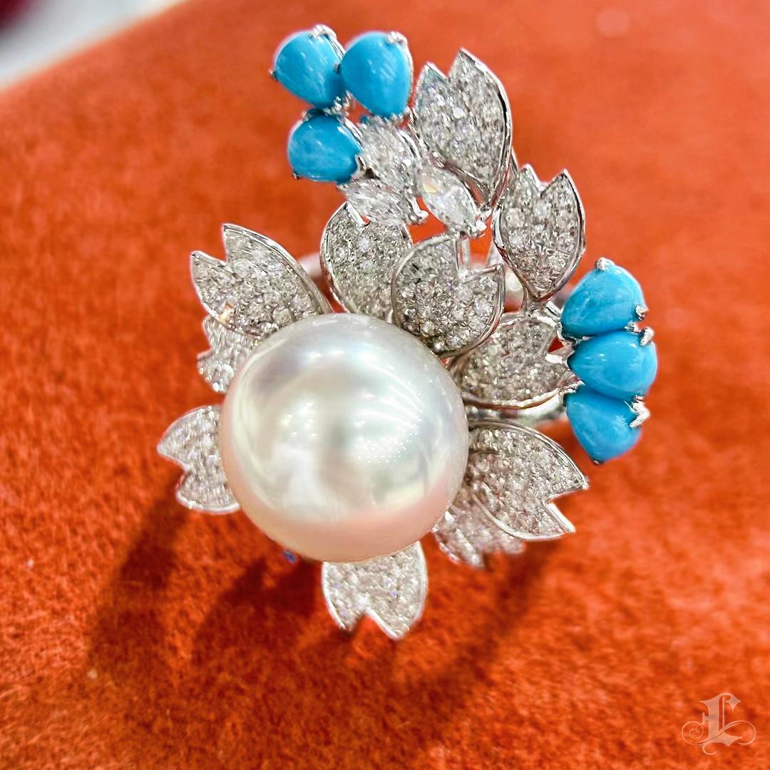 【Vine Symphony】Blossom Wreath South Sea Pearl Turquoise Diamond Ring For Sale 2