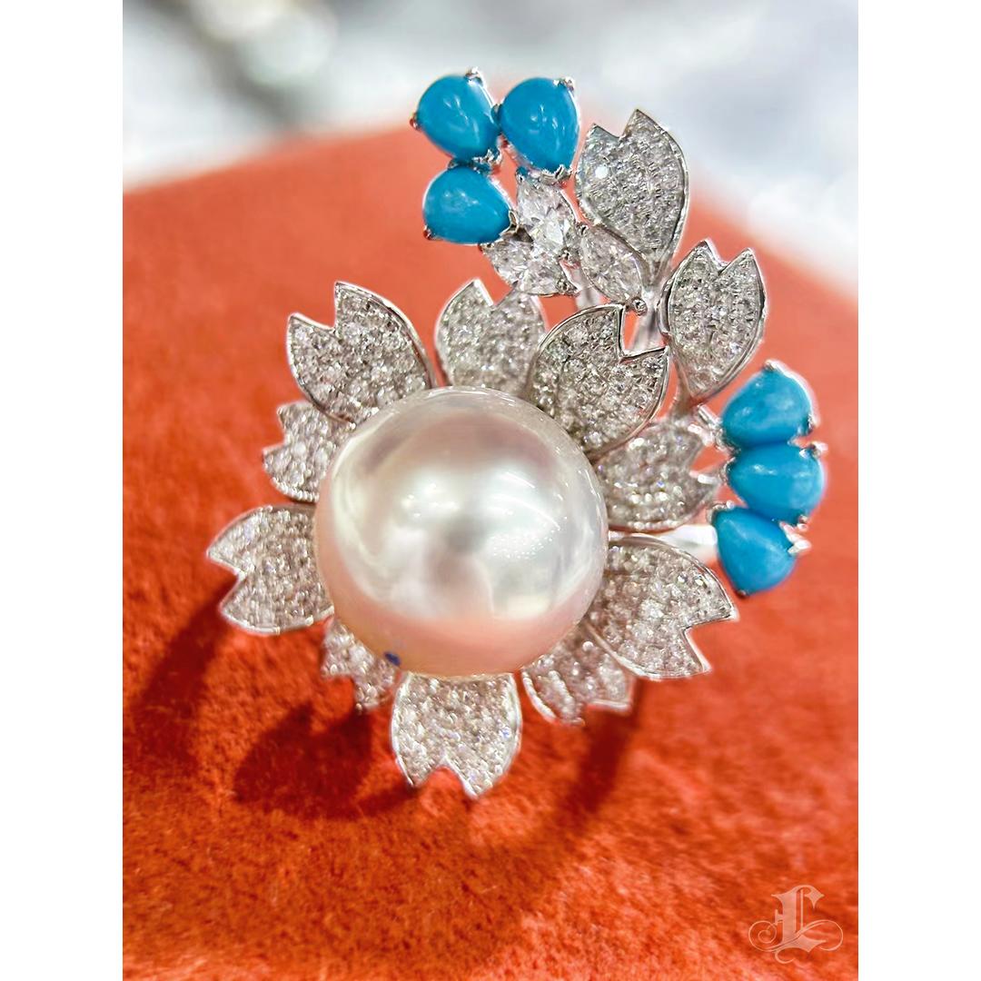 【Vine Symphony】Blossom Wreath South Sea Pearl Turquoise Diamond Ring For Sale 3
