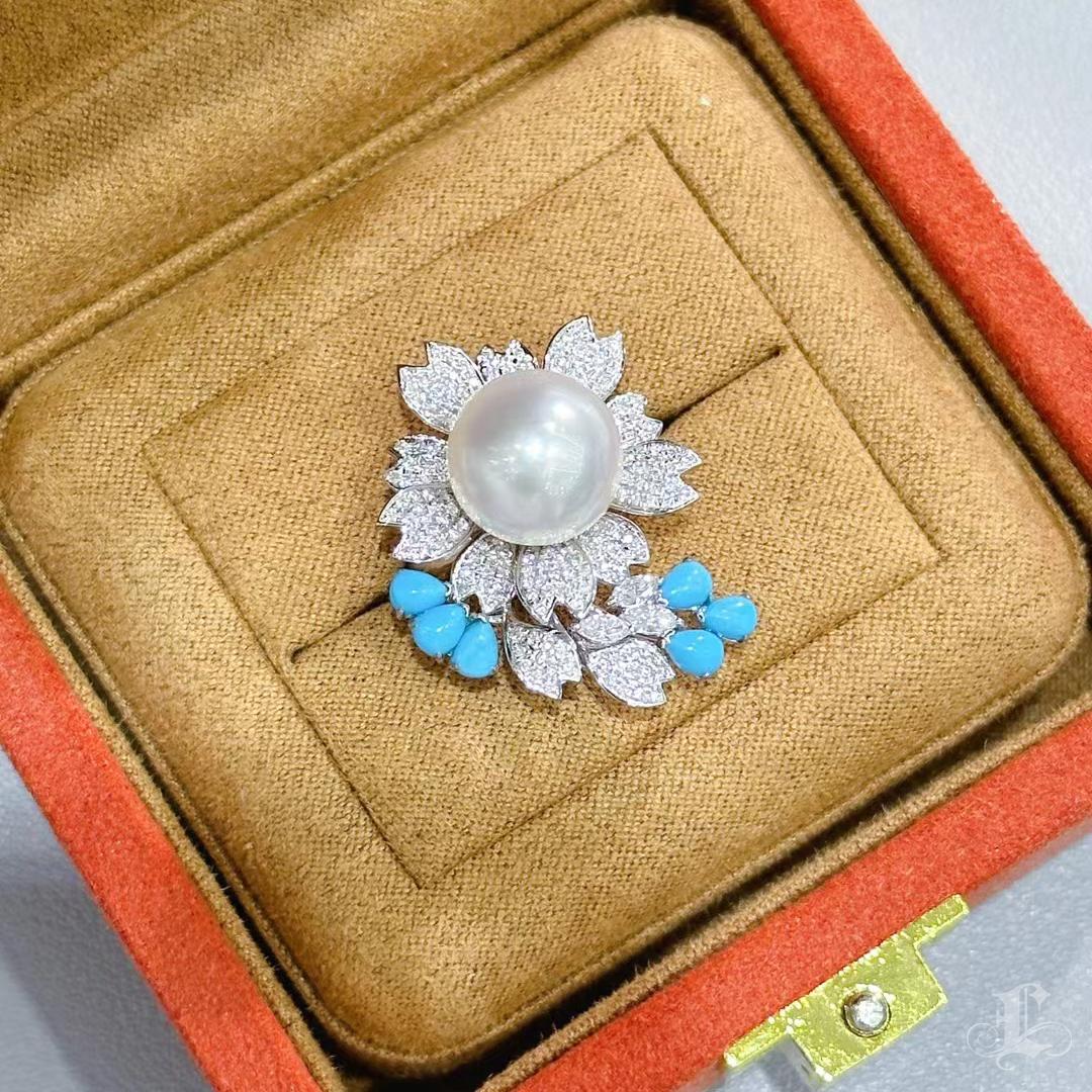 【Vine Symphony】Blossom Wreath South Sea Pearl Turquoise Diamond Ring For Sale 5