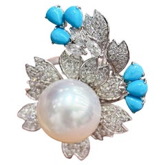 【Caelmare】Blossom Wreath South Sea Pearl Turquoise Diamond Ring