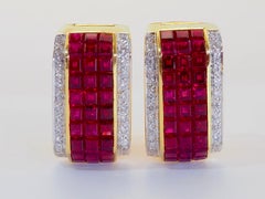 18K Gold 11.22ct Squared Ruby & 0.40ct Diamond Geometric Earrings