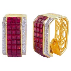 18K Gold 11.22ct Squared Ruby & 0.40ct Diamond Geometric Earrings