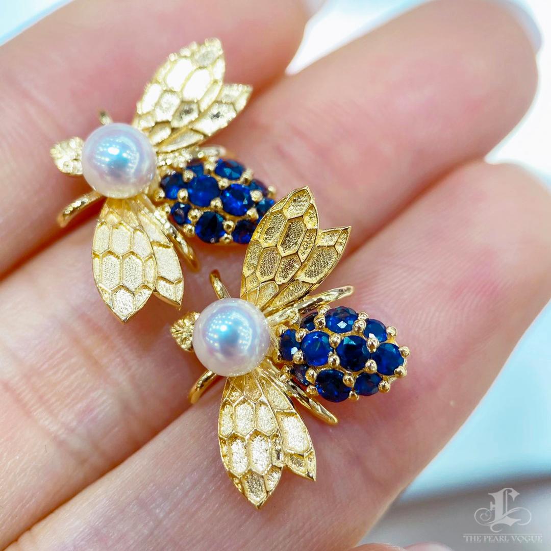 Women's 【Vine Symphony】Golden Hive Bee Aurora Akoya Pearls Sapphires Earrings For Sale