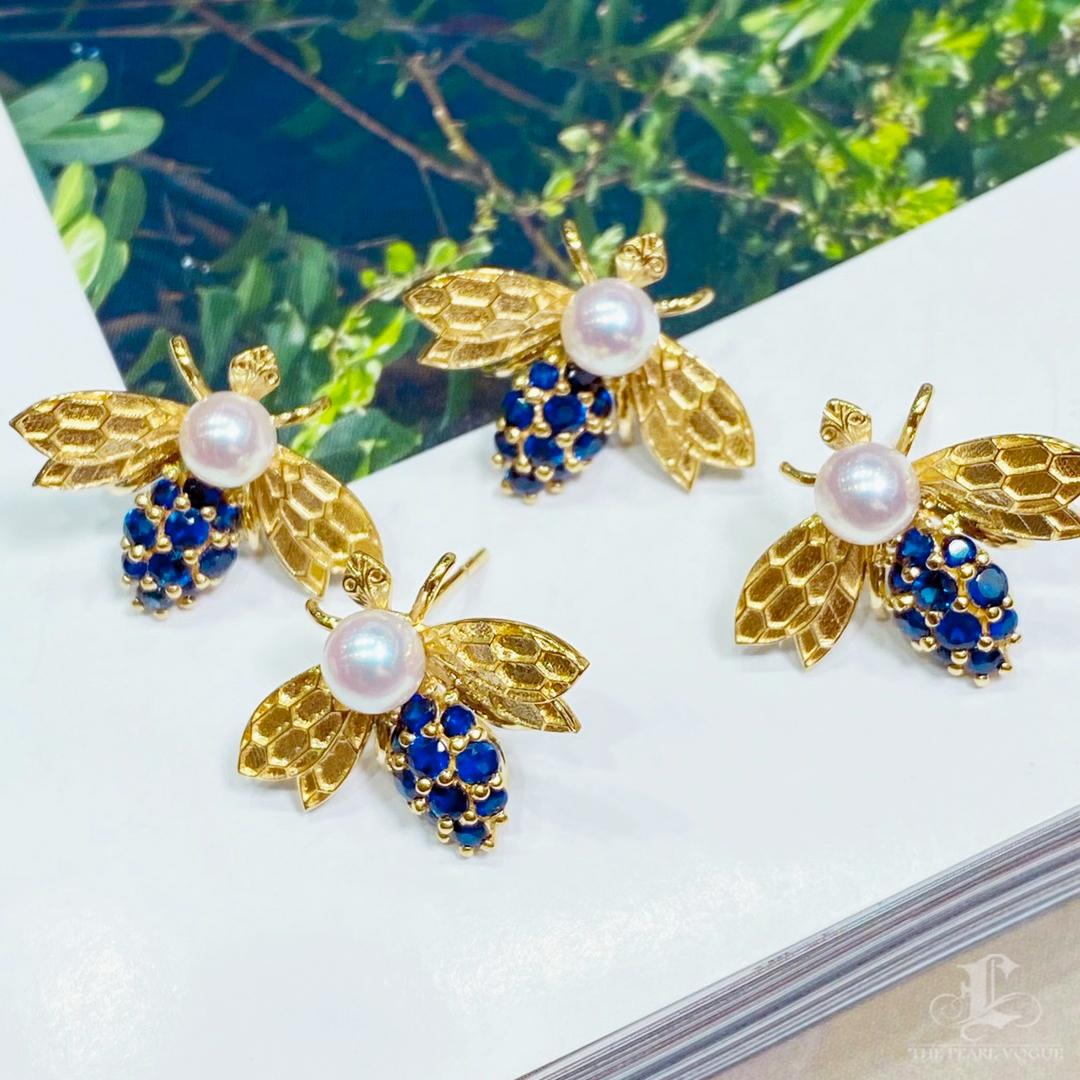 【Vine Symphony】Golden Hive Bee Aurora Akoya Pearls Sapphires Earrings For Sale 2
