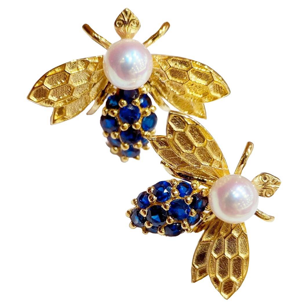 【Vine Symphony】Golden Hive Bee Aurora Akoya Pearls Sapphires Earrings For Sale