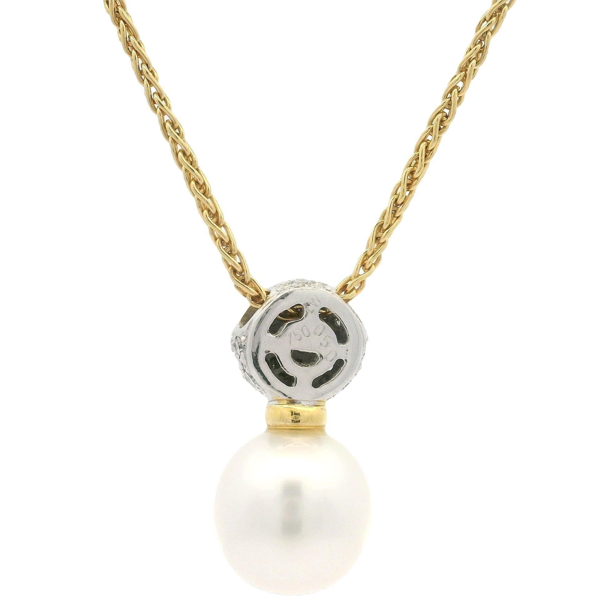 Pendentif Slide en or 18k avec perle de 11,3 mm et diamant de 0,50ctw Chaîne à maillons en blé de 18 pouces Pour femmes en vente