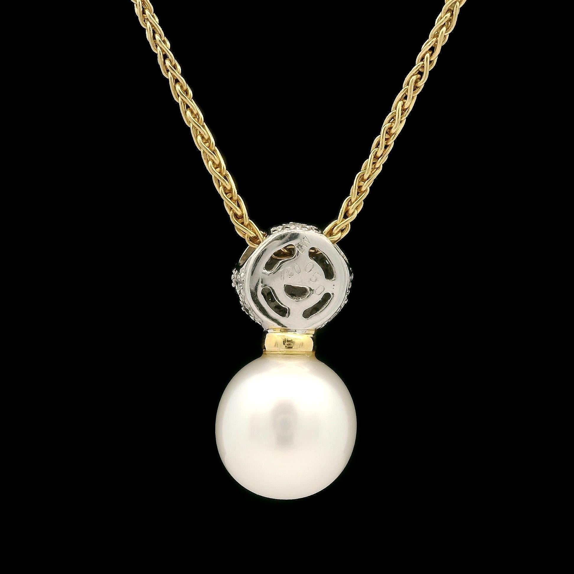 Pendentif Slide en or 18k avec perle de 11,3 mm et diamant de 0,50ctw Chaîne à maillons en blé de 18 pouces en vente 1