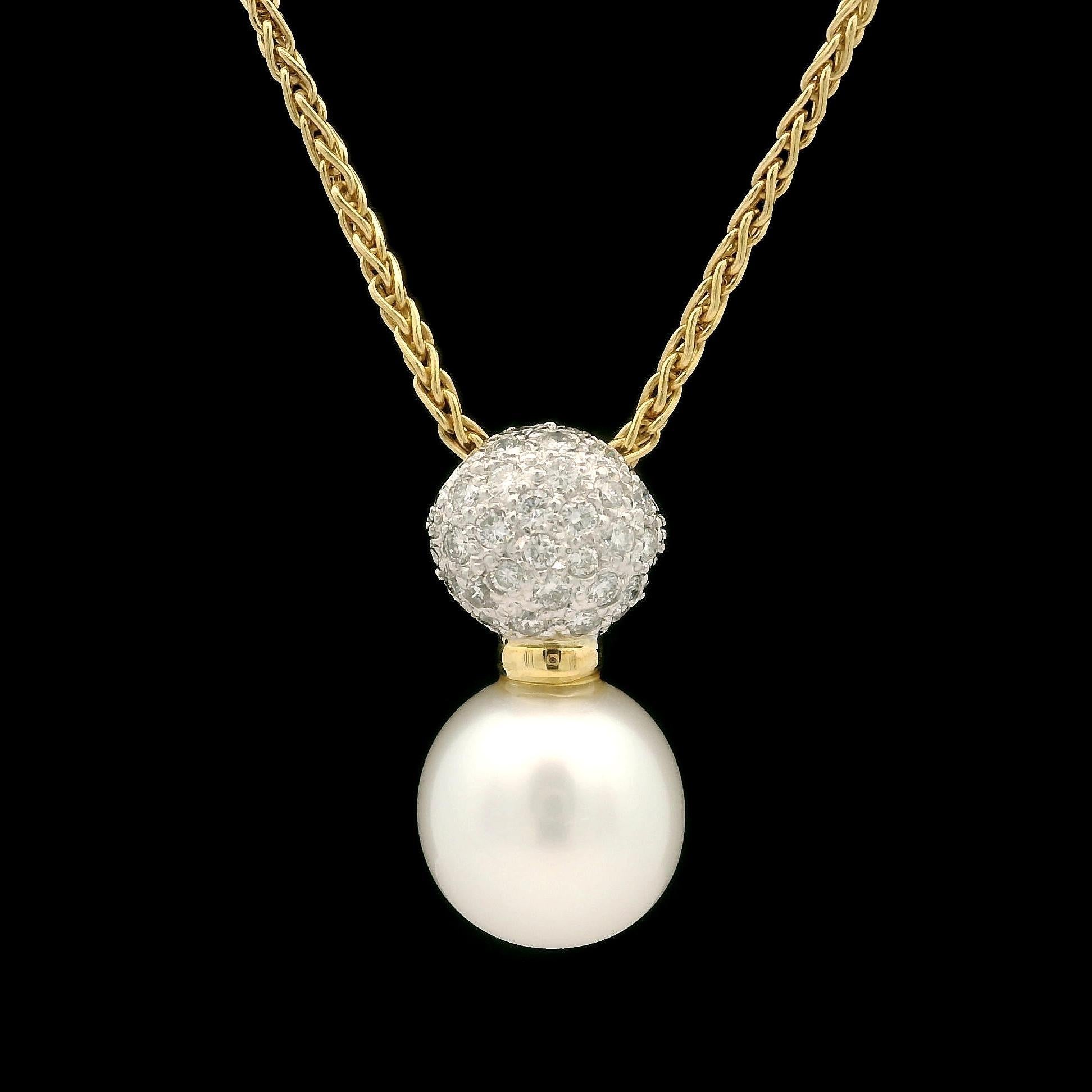 Pendentif Slide en or 18k avec perle de 11,3 mm et diamant de 0,50ctw Chaîne à maillons en blé de 18 pouces en vente 3