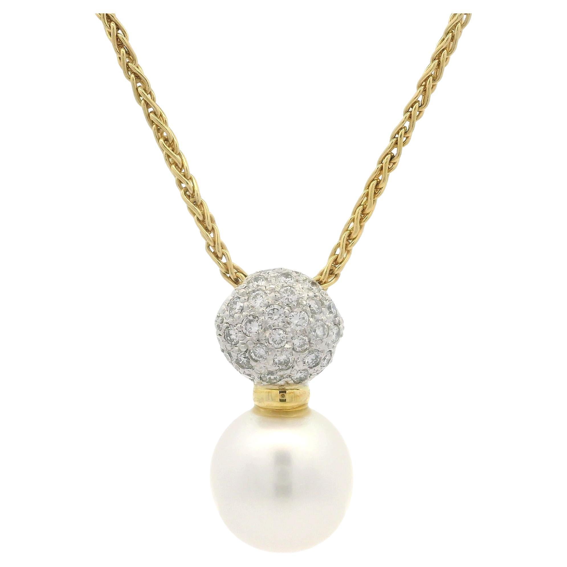 Pendentif Slide en or 18k avec perle de 11,3 mm et diamant de 0,50ctw Chaîne à maillons en blé de 18 pouces en vente