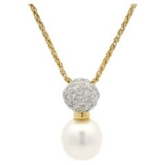 18k Gold 11.3mm Pearl & 0.50ctw Diamond Slide Pendant 18" Wheat Link Chain