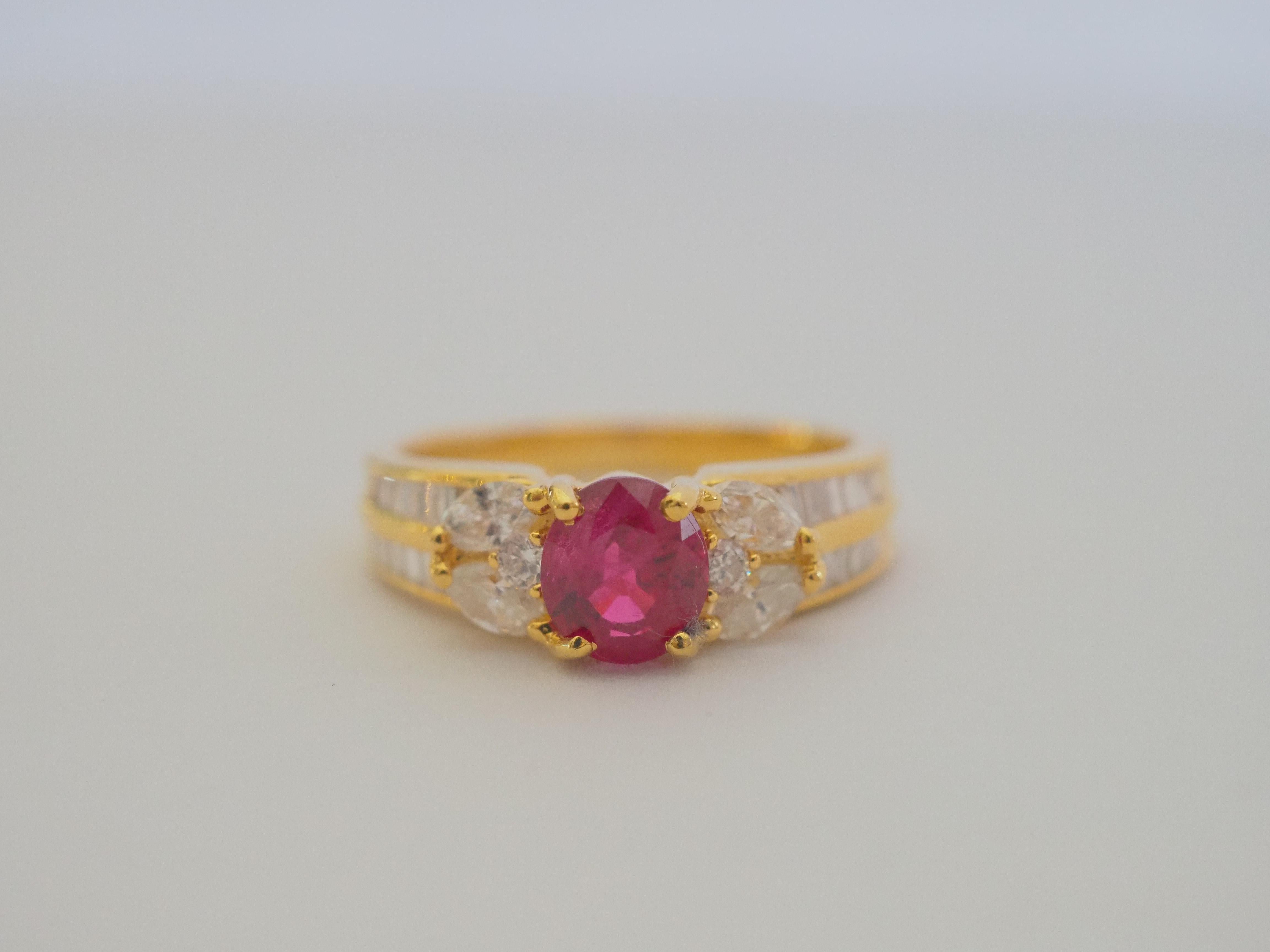 This amazing cocktail ring boasts premium oval cut Burma ruby of 1.14 carats. The weight of this ruby is also marked on the shank. The stunning oval cut ruby is of pinkish red color with natural inclusions and silks but the fire is lively. 

 There