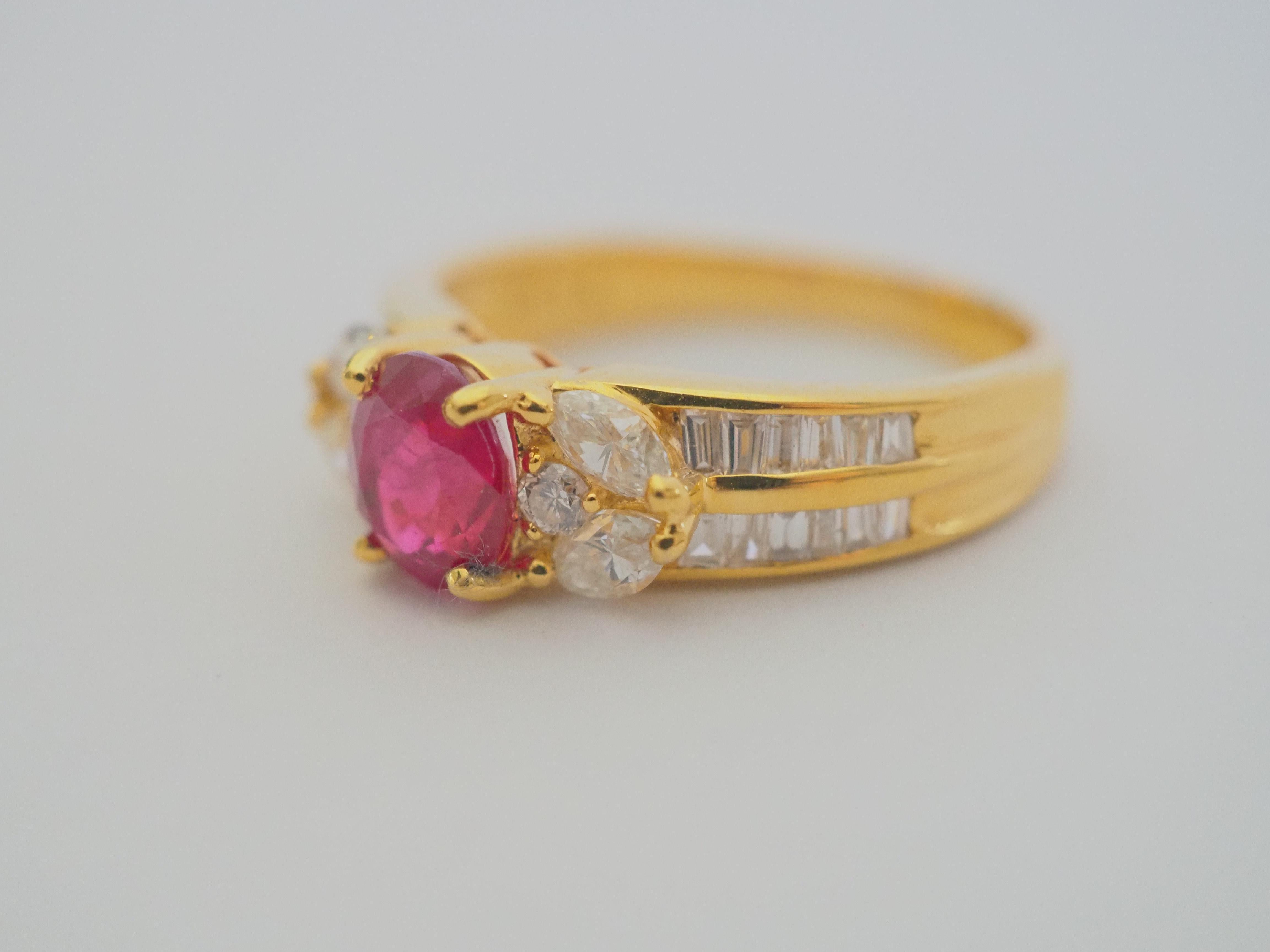 Oval Cut 18K Gold 1.14ct Burma Ruby &0.58ct Assorted Diamonds Cocktail Ring