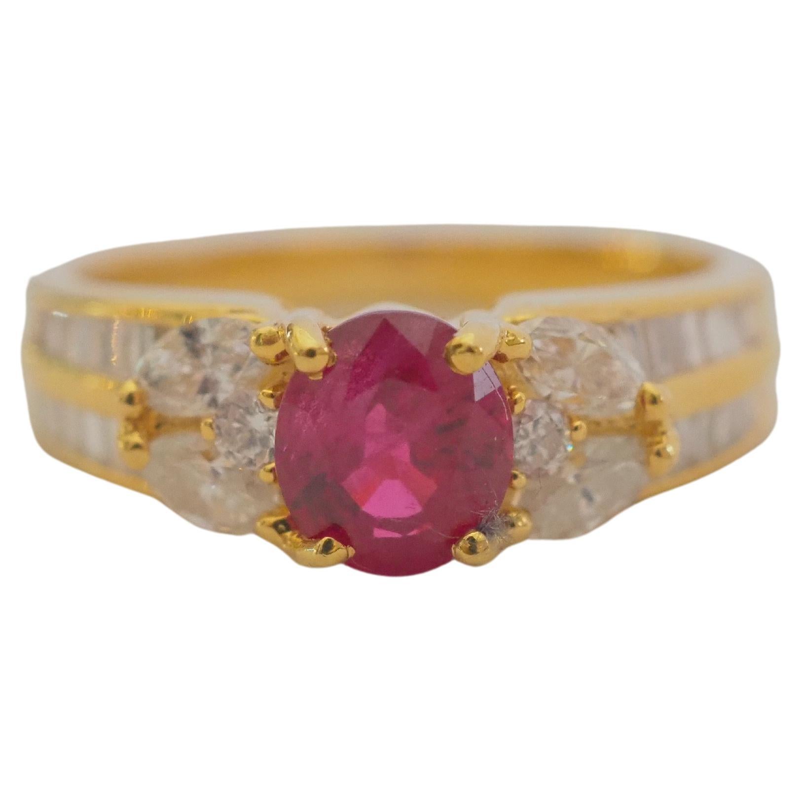 18K Gold 1.14ct Burma Ruby &0.58ct Assorted Diamonds Cocktail Ring