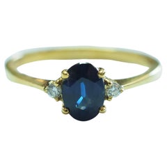 No Reserve-18K Gold 1.15ct Blue Sapphire 
Diamond Three Stone Ring