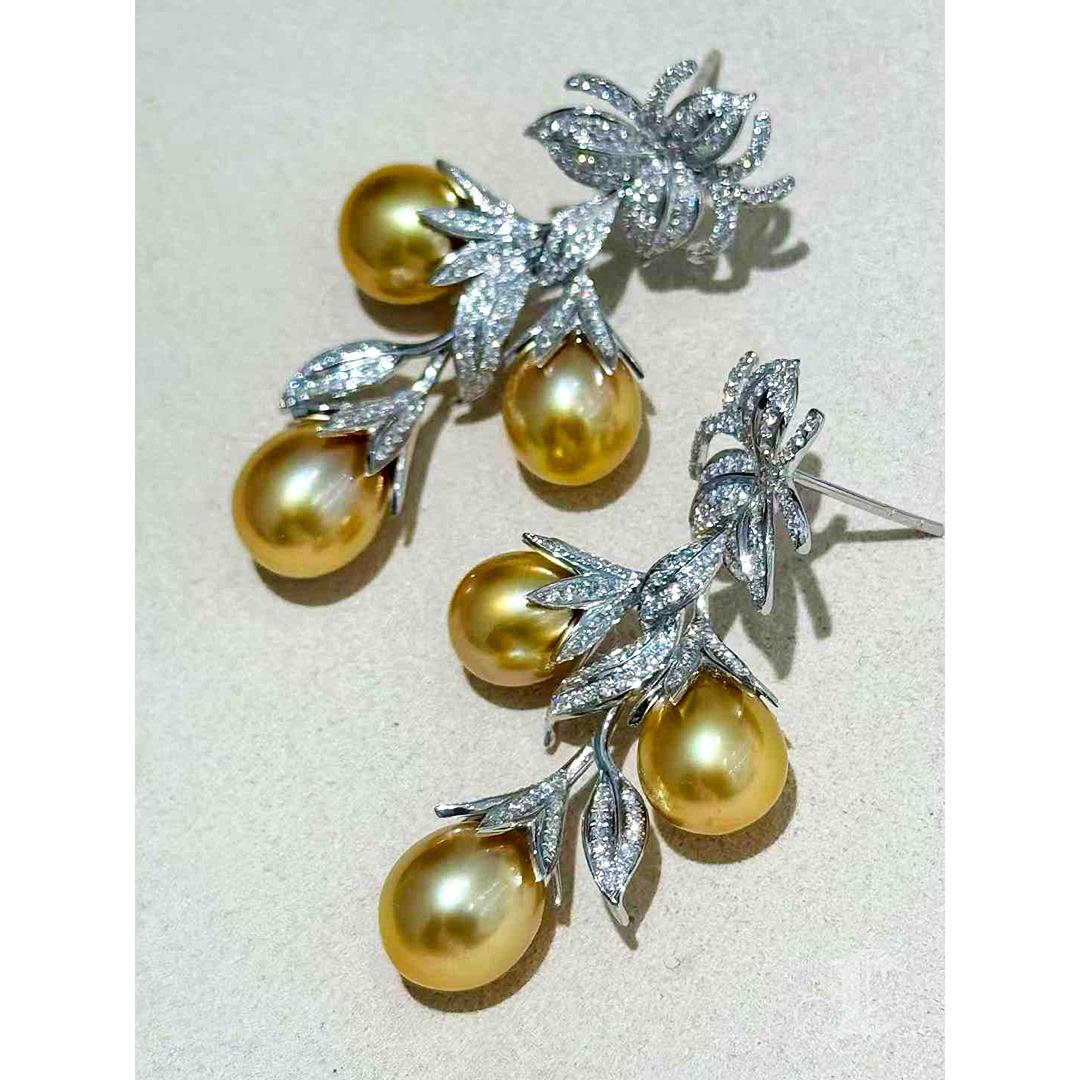 【Vine Symphony】Golden Vine Aurora South Sea Pearl & Diamond Earrings For Sale 6