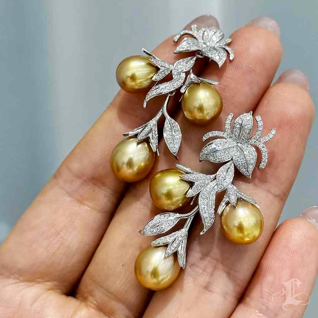 【Vine Symphony】Golden Vine Aurora South Sea Pearl & Diamond Earrings For Sale 4