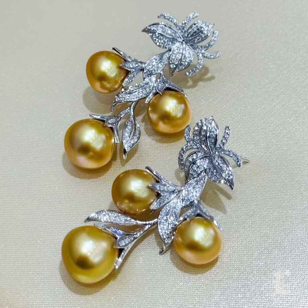 【Vine Symphony】Golden Vine Aurora South Sea Pearl & Diamond Earrings For Sale 5