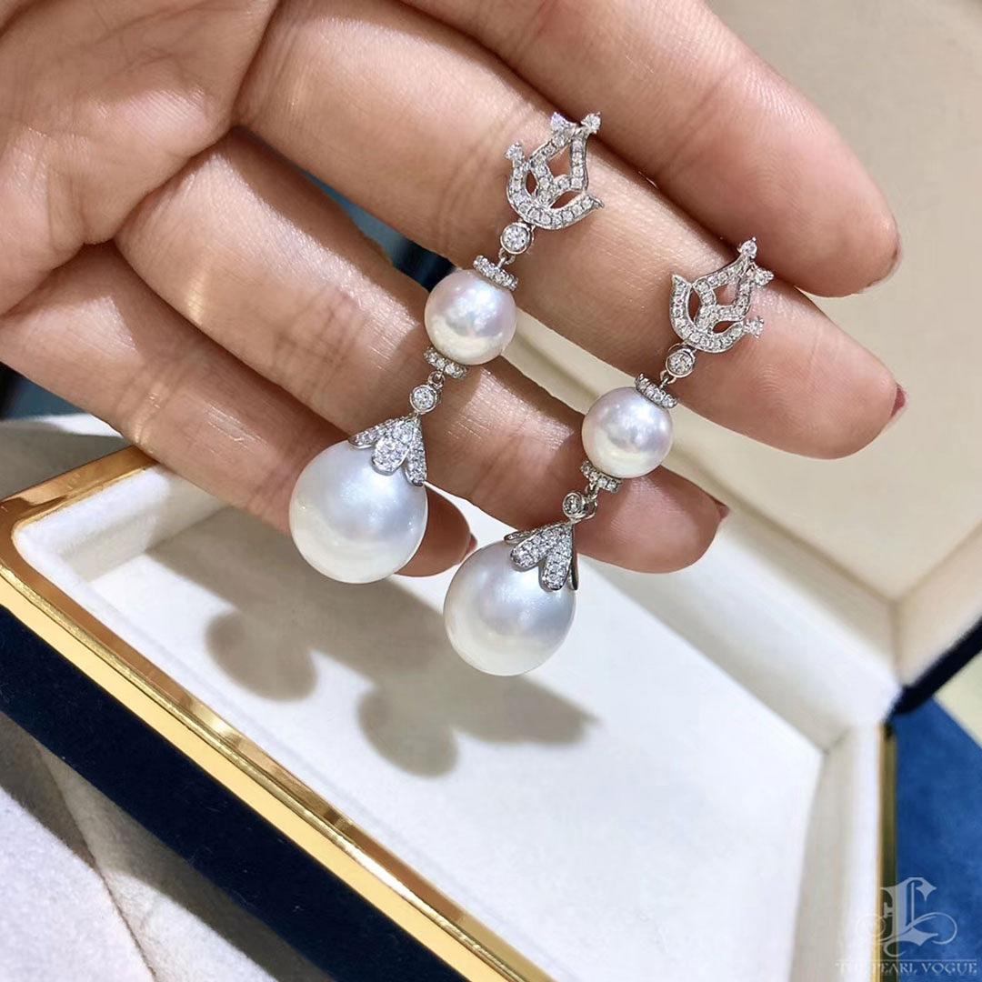 Women's 【Crown Radiance】Aurora Empress Flame Diamond South Sea & Akoya Pearl Earrings For Sale