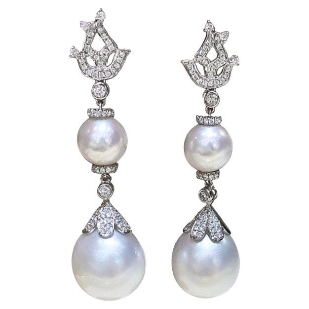 【Crown Radiance】Aurora Empress Flame Diamond South Sea & Akoya Pearl Earrings For Sale