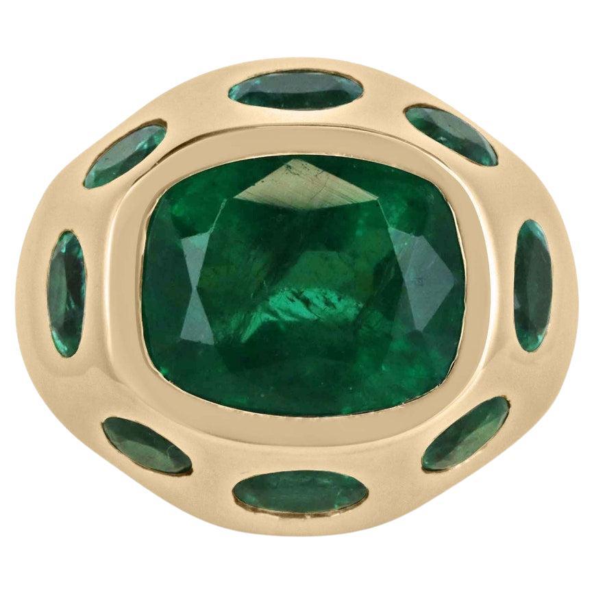 18K Gold 11.61tcw Multi-Emerald Statement Ring, Cushion & Oval Cut Bezel Gypsy