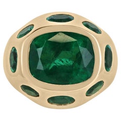 18K Gold 11.61tcw Multi-Emerald Statement Ring, Cushion & Oval Cut Bezel Gypsy