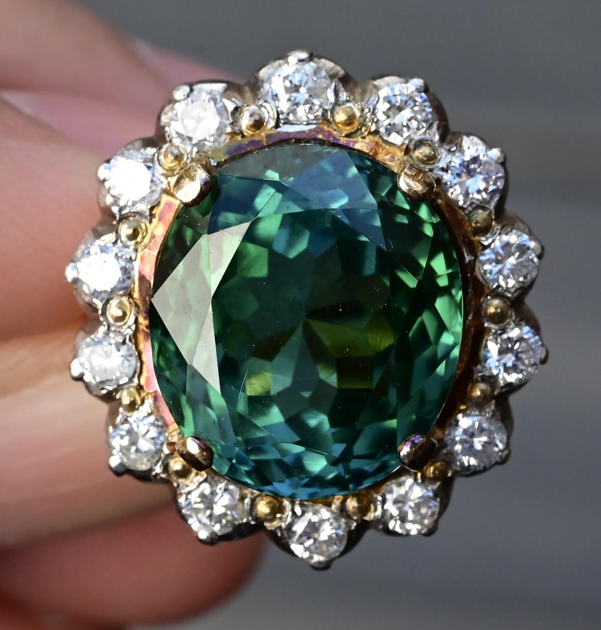Oval Cut 18K Gold 11.77ct Green Tourmaline & Diamond Halo Ring – 12.75g, Size 5.25